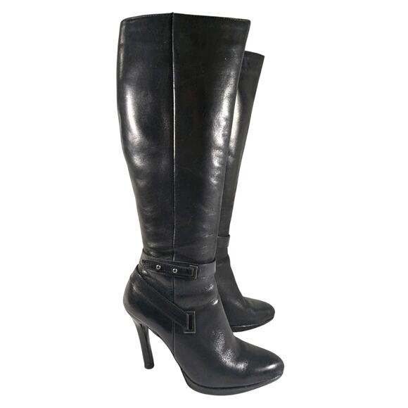LEVITY! BLACK GENUINE LEATHER PLATFORM, STILETTO, 2 BUCKLE BOOTS! … - Picture 11 of 11